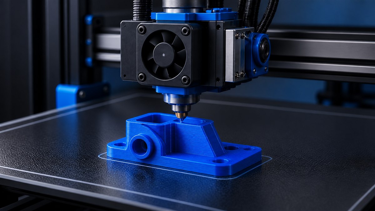 FDM printer producing a blue functional component