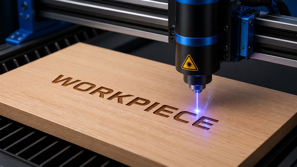 Laser engraving the final letter of Workpiece into wood