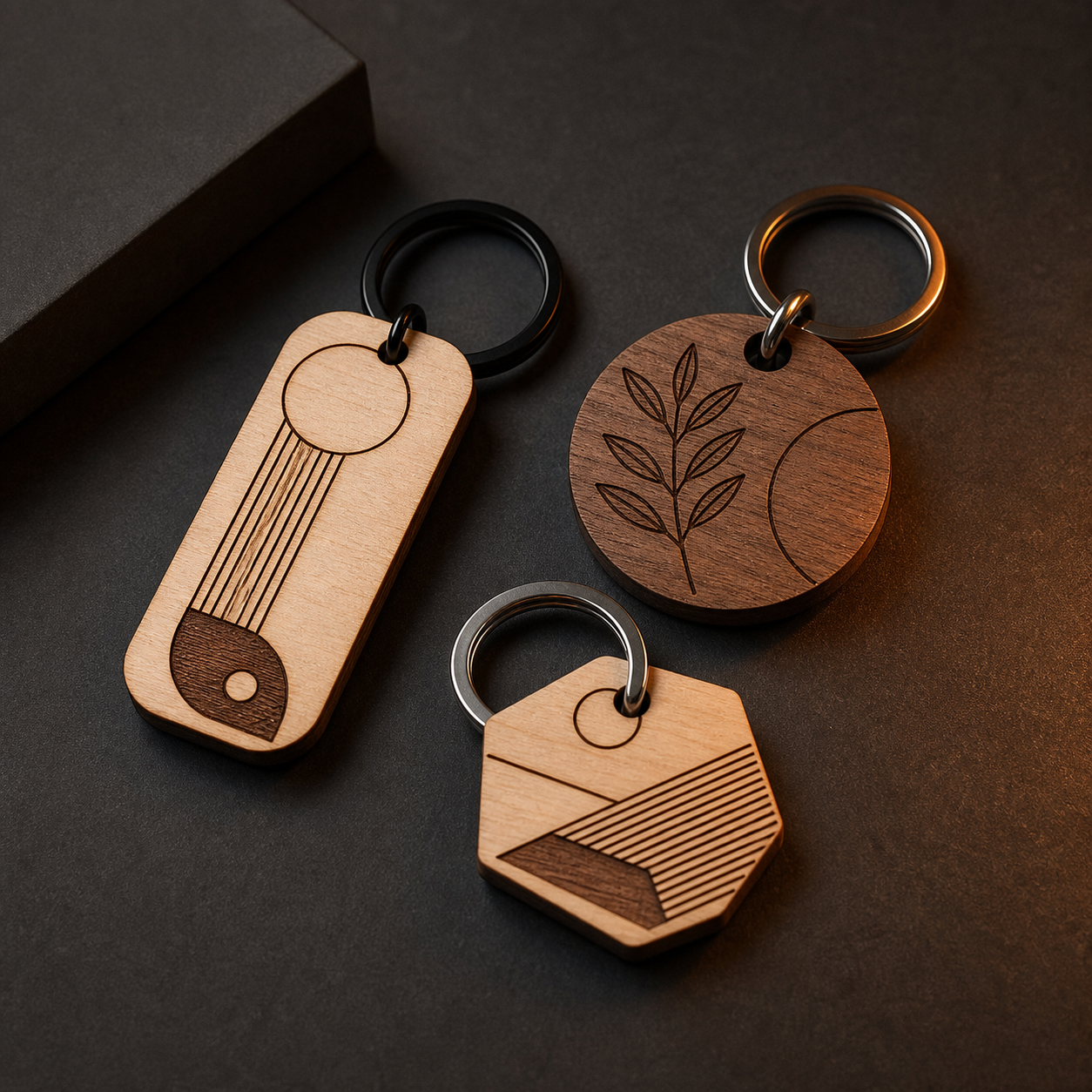 Three custom laser-cut wooden keychains with engraved patterns